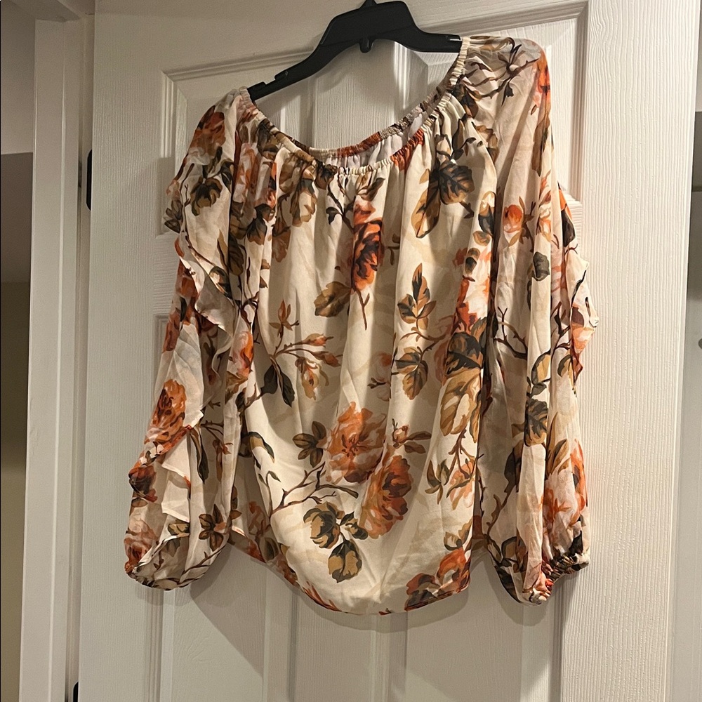 White House Black Market Floral Blouse in Cream and Orange